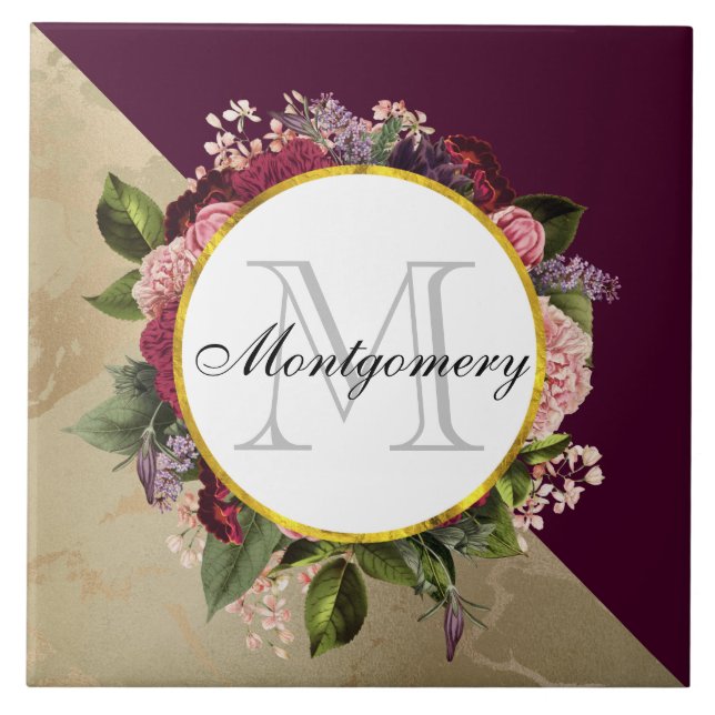 Goldmarmor Muster und Burgund Florals Monogramm Fliese (Vorderseite)