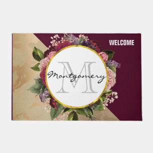 Goldmarmor Muster und Burgund Florals Monogramm Fußmatte