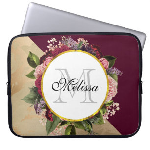 Goldmarmor Muster und Burgund Florals Monogramm Laptopschutzhülle