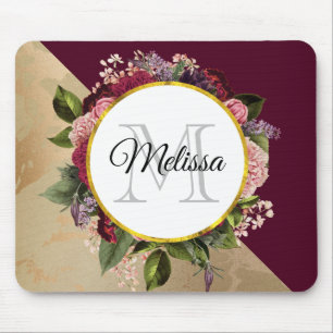 Goldmarmor Muster und Burgund Florals Monogramm Mousepad