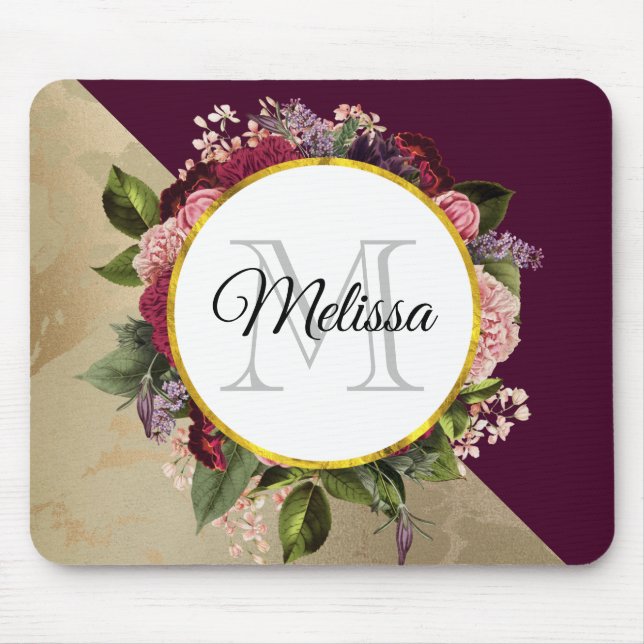 Goldmarmor Muster und Burgund Florals Monogramm Mousepad (Vorne)