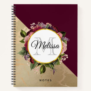 Goldmarmor Muster und Burgund Florals Monogramm Notizbuch