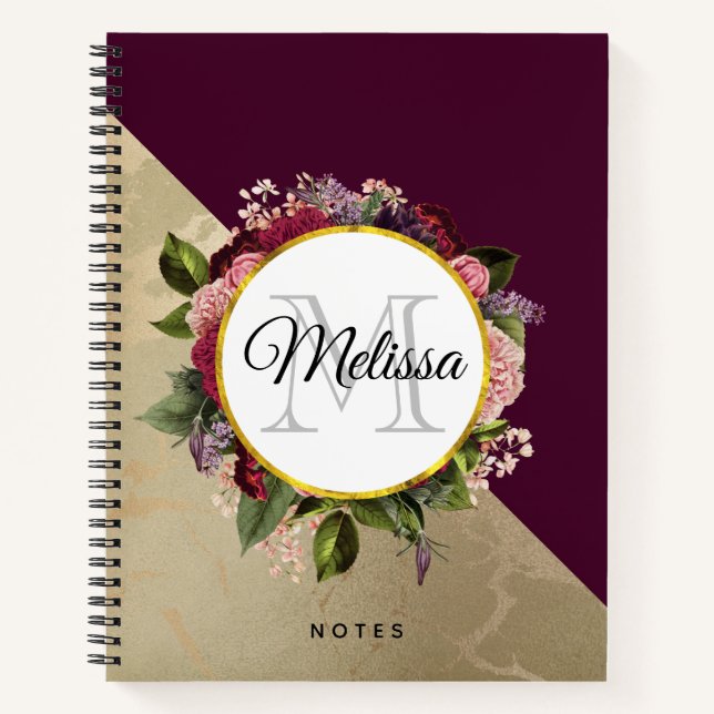 Goldmarmor Muster und Burgund Florals Monogramm Notizbuch (Vorderseite)