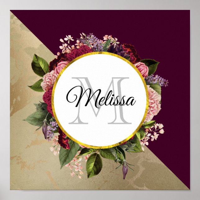 Goldmarmor Muster und Burgund Florals Monogramm Poster (Vorne)
