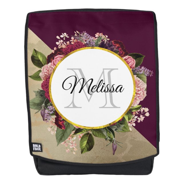 Goldmarmor Muster und Burgund Florals Monogramm Rucksack (Vorderseite)