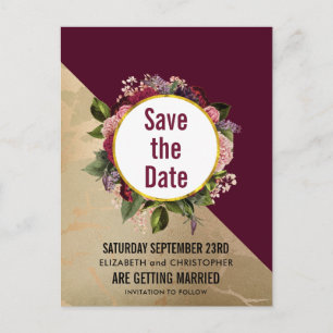 Goldmarmor und Burgund Blumen Save the Date Postkarte