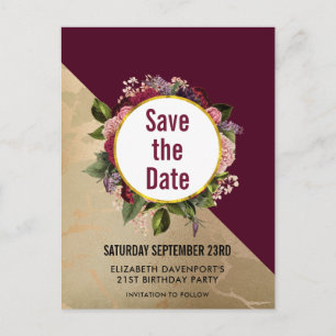 Goldmarmor und Burgund Blumen Save the Date Postkarte
