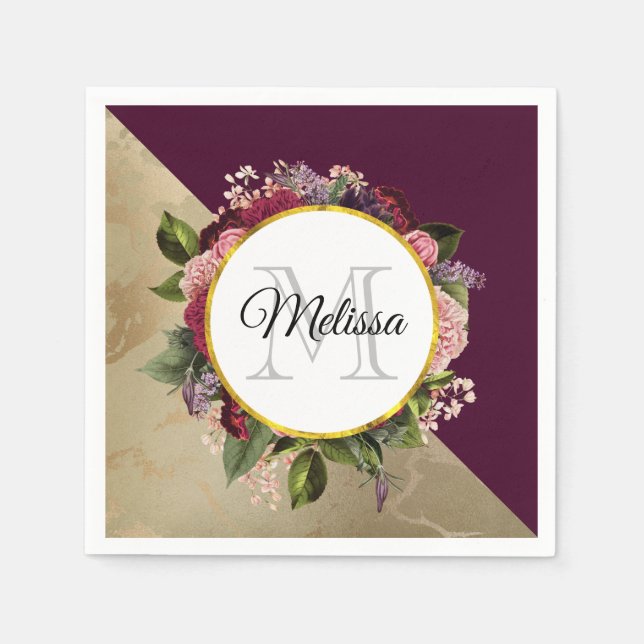 Goldmarmormuster und Burgunder-Floral-Monogramm Serviette (Vorderseite)