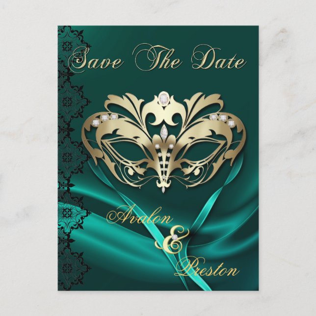 Goldmasquerade Aquamarin Jewel Save the Date Postc Ankündigungspostkarte (Vorderseite)