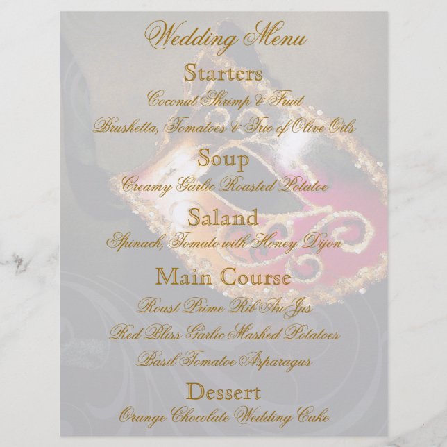Goldmasquerade Ball Wedding Menu Flyer (Vorderseite)