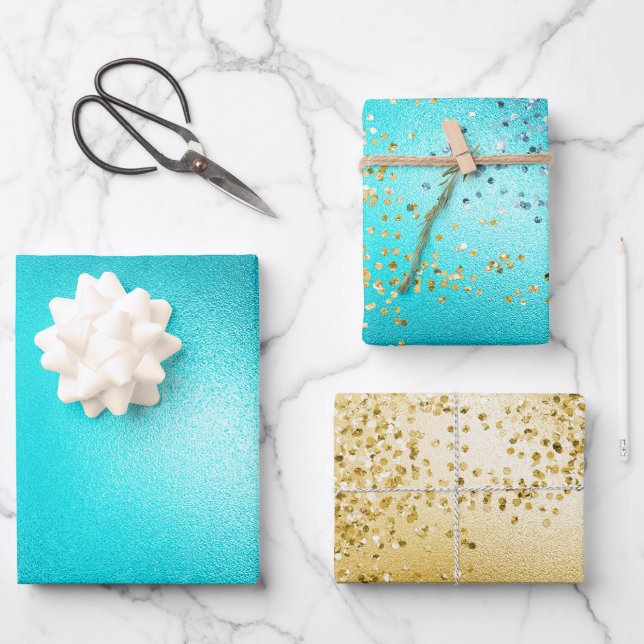 Goldmedaille Aqua Turquoise Glitzer Sparkone Meerj Geschenkpapier Set (Vorderseite)