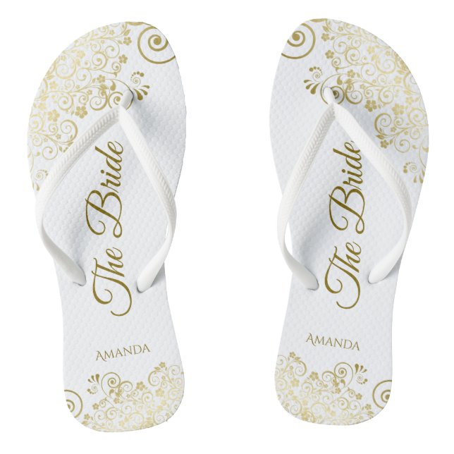 Goldmedaille auf Weiß Die Braut Elegante Hochzeit Flip Flops (Fußbett)