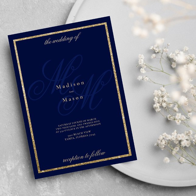 Goldmedaille blaue Monogramm Initialen Thema Hochz Einladung (Gold navy blue monogram initials theme wedding)
