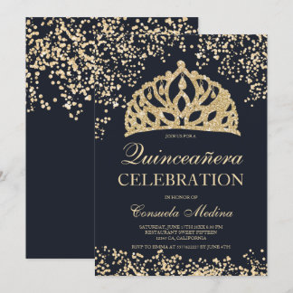 Goldmedaille der blauen Tiara Quinceañera Einladung