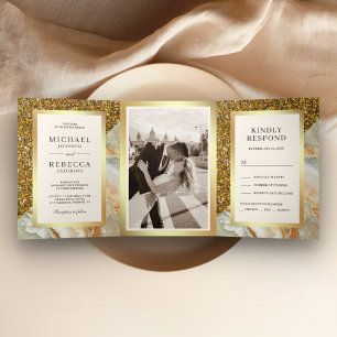 Goldmedaille Glitzer Brauner Marmor Foto Hochzeit Dreifach Gefaltete Einladung