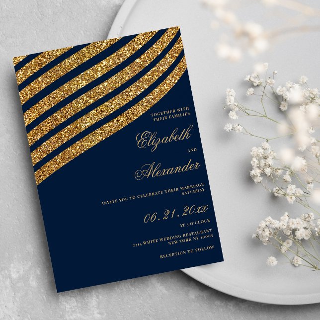 Goldmedaille Glitzer Seebarre abstrakte Hochzeit Einladung (Gold glitter navy blue geometric abstract wedding )