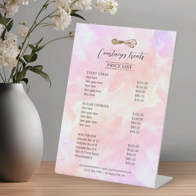 Goldmedaille Glitzer Whisk Bäckerei Preisliste Sockelschild (Feminine colorful watercolor bakery menu sign with gold glitter effects & fully editable text)