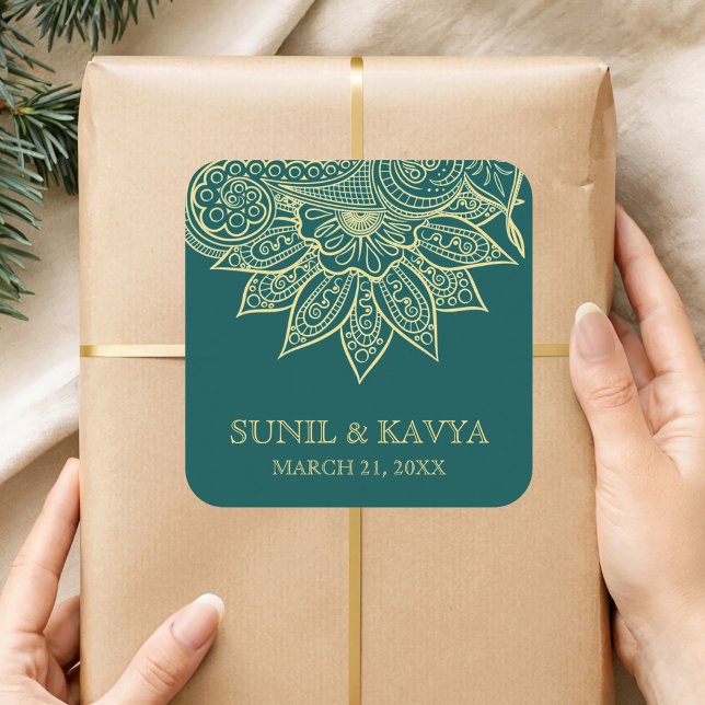 Goldmedaille Green Mehendi Henna Indische Gastgesc Quadratischer Aufkleber (Von Creator hochgeladen)