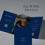 Goldmedaille Hochzeit des blauen Fotos RSVP Detail Dreifach Gefaltete Einladung<br><div class="desc">Moderne, minimale Typografie trendy Imitate Gold Typografie marineblau alles in einem Budget Hochzeitseinladung Vorlage mit 2 Fotos, uAwg und Details mit dem Scannen QR Codes mit einem schicken angesagten Kalligrafieschrift und dunklem Overlay. Einfach mit ein oder zwei benutzerdefinierten Fotos (Sie können das gleiche Foto auf beiden Seiten hochladen) und Gastinformationen...</div>