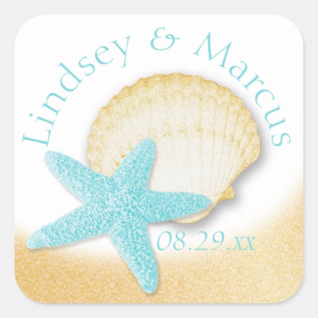 Goldmedaille und Aqua Starfish Sparkle Beach Quadratischer Aufkleber (Vorderseite)