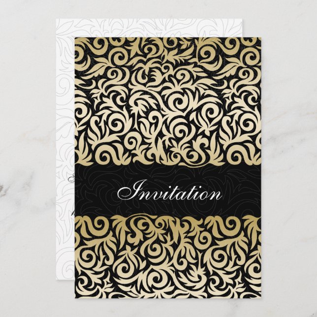 Goldmedaille und Schwarze Swirling Border Wedding Einladung (Vorne/Hinten)