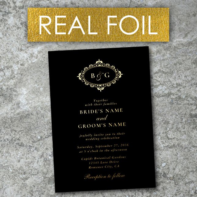 Goldmedaille Wreath Ristorante Al Pentolino Folieneinladung (Real Gold Foil Wreath Elegant Black Gold Wedding Foil Invitation)