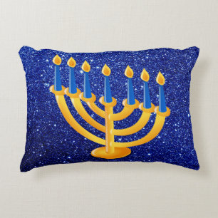 GoldMenorah blauer Imitat-Glitzer Zierkissen