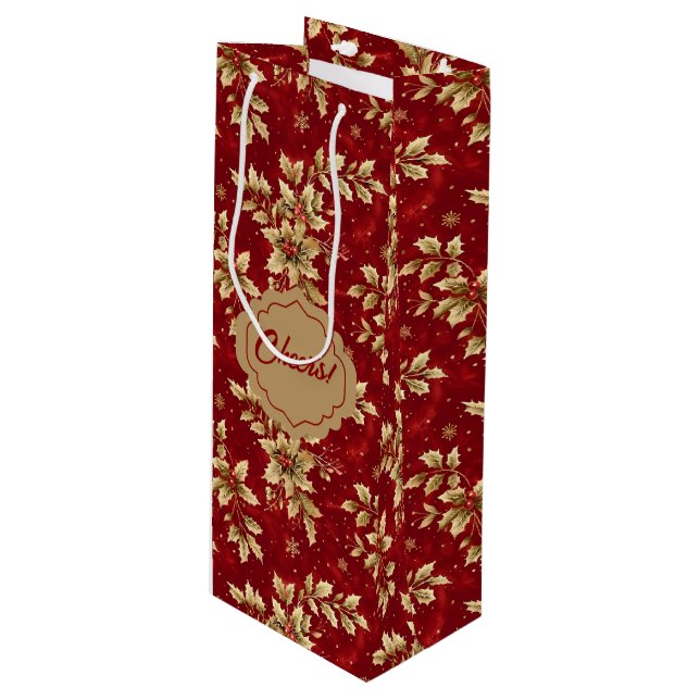 Goldmetall-Poinsettias auf Rot Geschenktüte Für Weinflaschen (Vorderseite Schrägansicht)