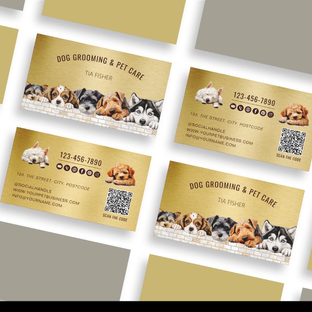 Goldmetallischer QR-Code Social Media Dog Grooming Visitenkarte (Von Creator hochgeladen)