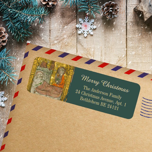 Goldmittelalterliche Christliche Weihnachtskrippe (Elegant Gold Medieval Vintage Christian Christmas Catholic Nativity Scene Return Address Label)