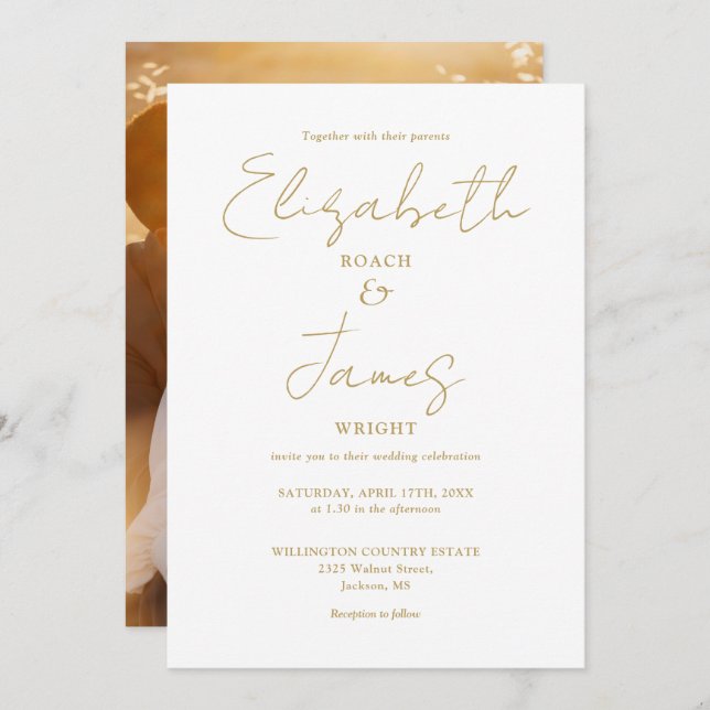 Goldmoderne Minimalistische Script-Foto-Hochzeit Einladung (Vorne/Hinten)