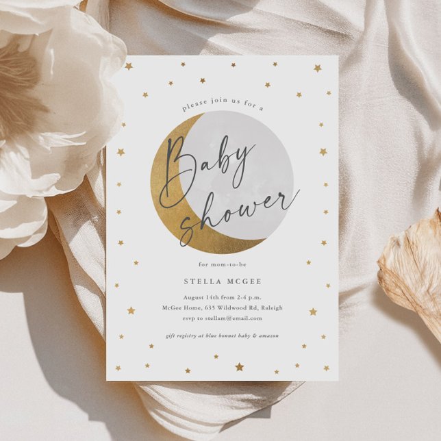 Goldmond und Sterne Geschlechtsneutrale Babydusche Einladung (Gold Moon and Stars Script Gender Neutral Baby Shower Invitations.)