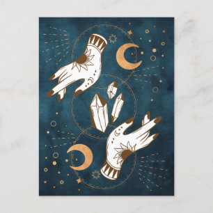 Goldmondphasen Kristalle Henna tattoo Hände blau Postkarte