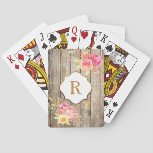 Goldmonogramm auf rosa Blumen rustikales Holz Spielkarten