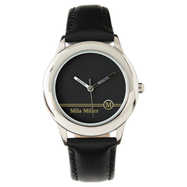 Goldmonogramm auf schwarzem Hintergrund Armbanduhr (Vorderseite)
