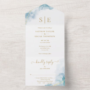 Goldmonogramm Blaue Wasserfarbe Hochzeit All In One Einladung