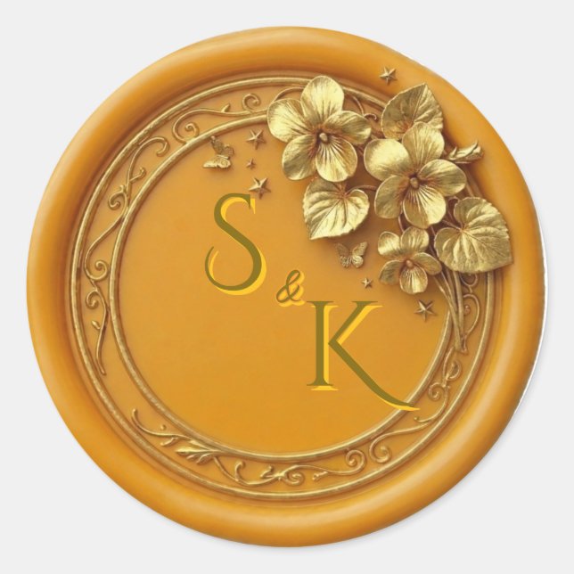 Goldmonogramm-Blumen-Hochzeitssiegel Runder Aufkleber (Vorderseite)