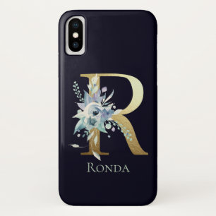Goldmonogramm Buchstabe R Navy Blau Floral Name Case-Mate iPhone Hülle