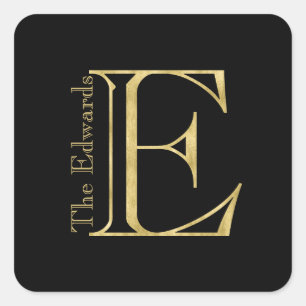 Goldmonogramm E und Name auf einer beliebigen Farb Quadratischer Aufkleber