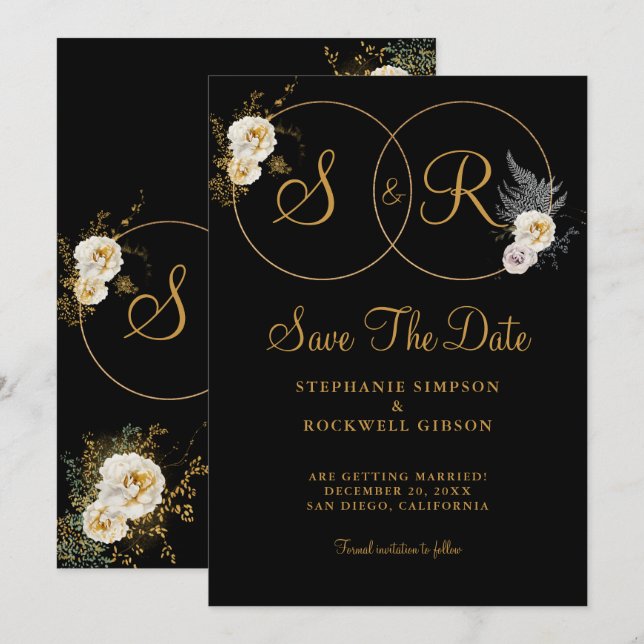 Goldmonogramm für die erste Hochzeit mit schwarzem Save The Date (Vorne/Hinten)