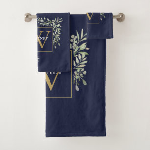 Goldmonogramm Grün Floral Navyblau Badhandtuch Set