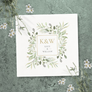 Goldmonogramm Grünzeug Wasserfarben Hochzeit Serviette