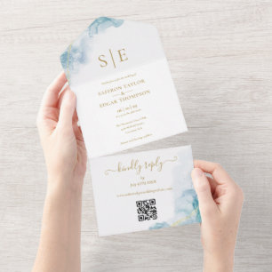 Goldmonogramm-QR-Code Blaue Wasserfarbe Hochzeit All In One Einladung