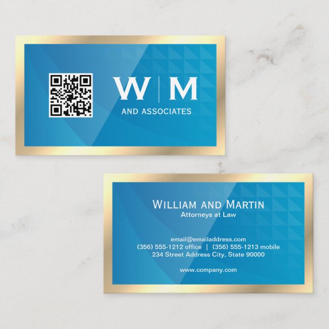 Goldmonogramm | QR-Code | Blue Geometric Visitenkarte (Vorne/Hinten)