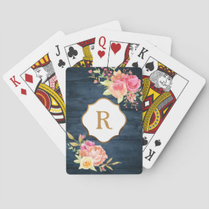 Goldmonogramm rosa Blumen rustikales Marineholz Spielkarten