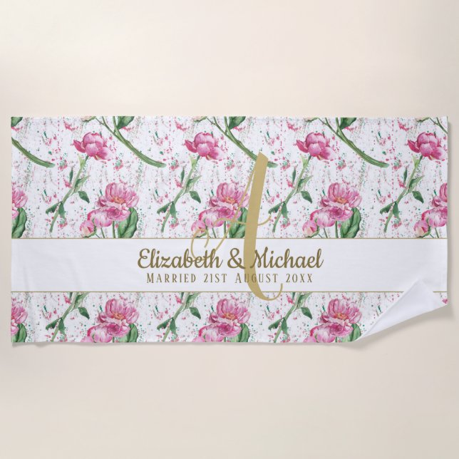 Goldmonogramm Rosa Peonies Grüne Blätter Neu Strandtuch (Vorderseite)