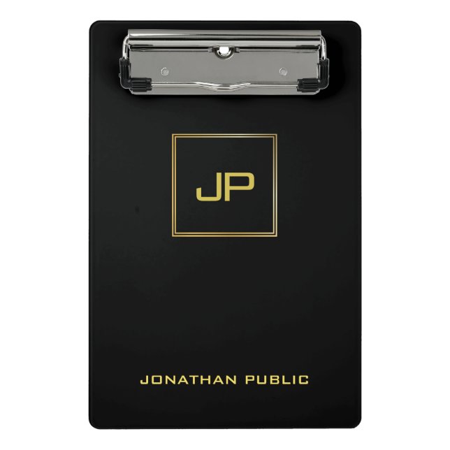 Goldmonogramm-Schwarz-Schablonen-elegantes Mini Klemmbrett (Vorderseite)