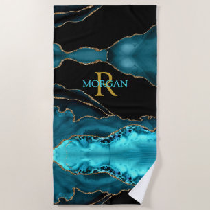 Goldmonogramm und Aquamariner Name, Schwarzes Gold Strandtuch