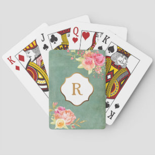 Goldmonogramm und Florales auf Vintage-Grün-Textur Spielkarten