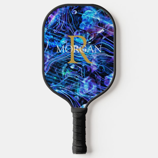 Goldmonogramm und Weißname Kristall Abstrakt Pickleball Schläger (Vorderseite)